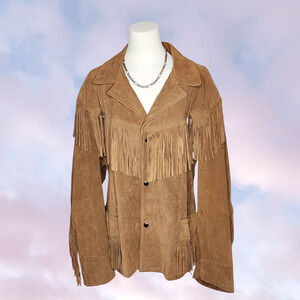 Vtg 90s Excelled Suede Leather Tan Fringe Western Concho Festival Jacket XL